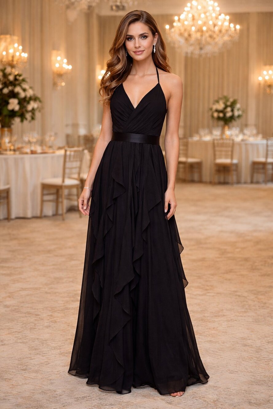 Vera Wang VW360326 Long Black Chiffon Halter Gown Size 4 Formal Evening Wedding